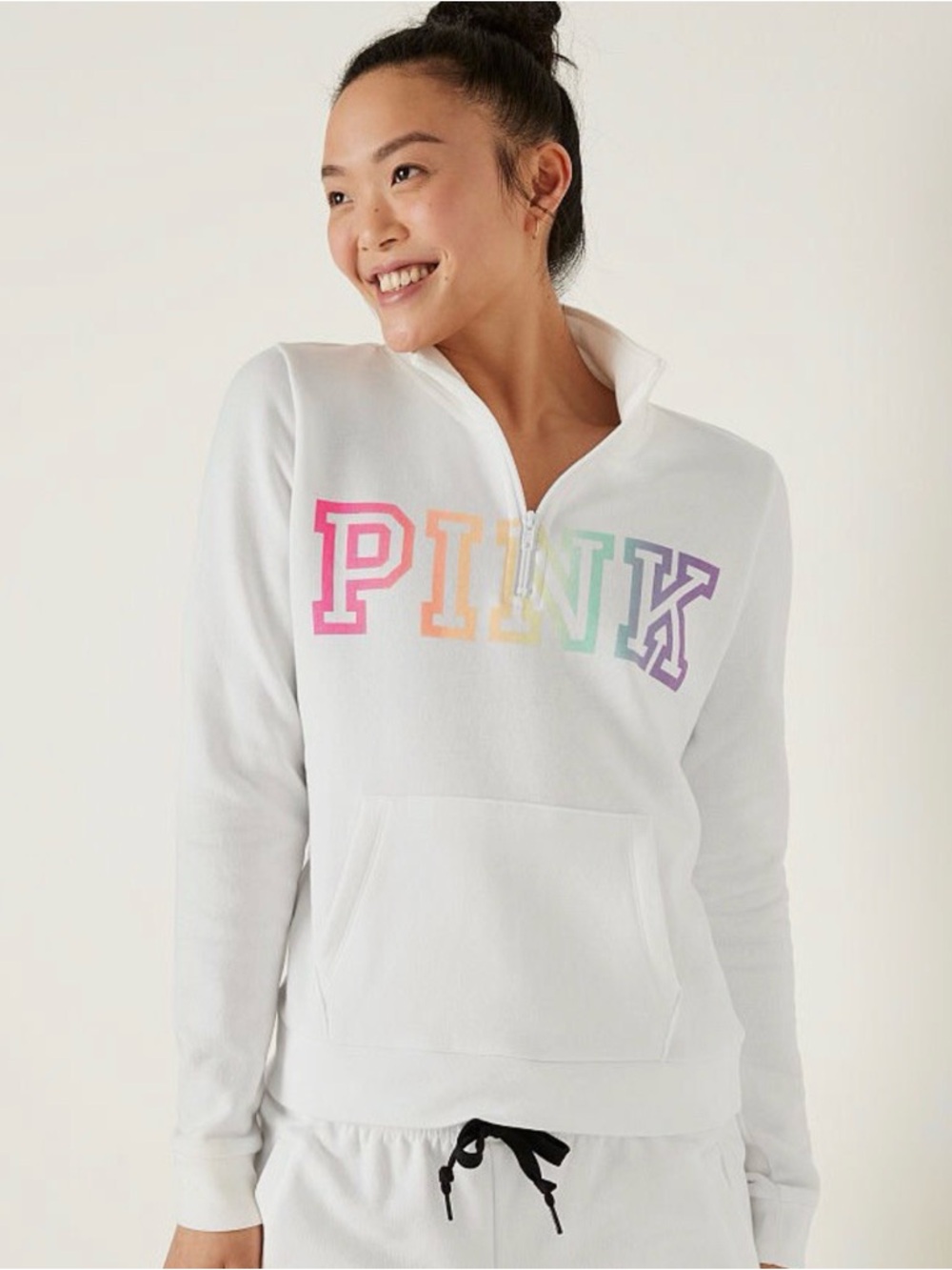 PINK Rainbow Quarter Zip Pullover White HTF 2021 Large